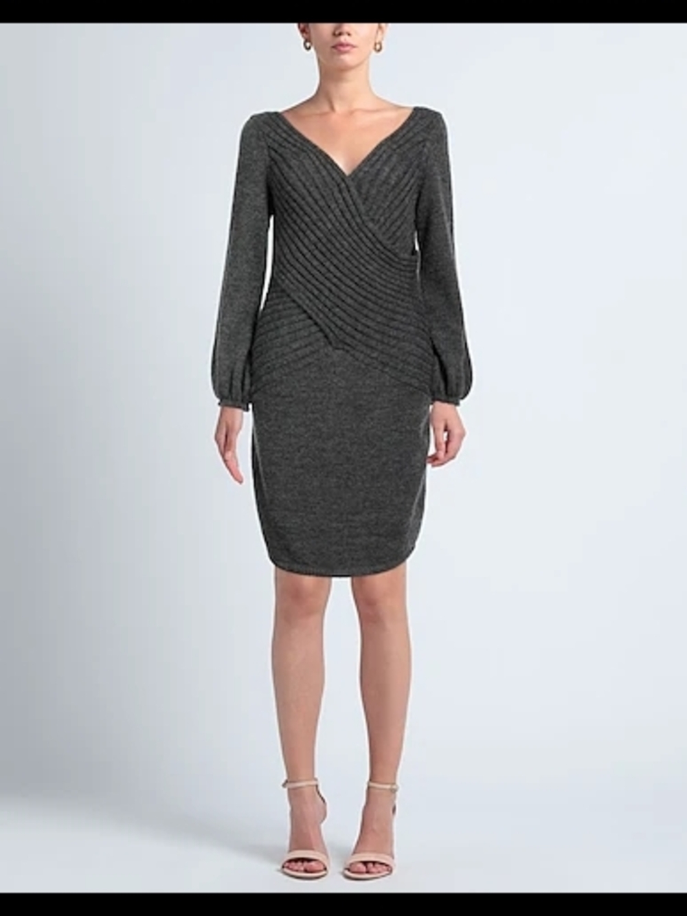 Charcoal Gray Long-Sleeve Knit Dress with Balloon Sleeves